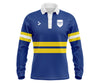 Custom yellow and blue long-sleeve school leaver with white accents